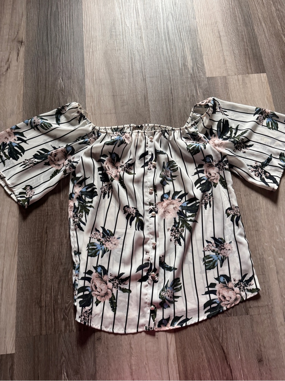 Daytrip Ivory Off-Shoulder Floral Stripe Button Top with Blush Accents